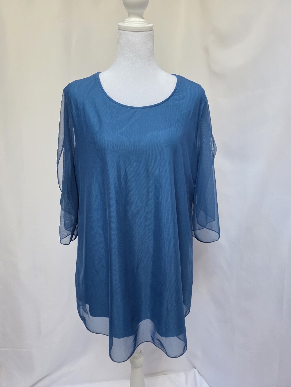 SeSe Code Blue Mesh Blouse XL NWT Sheer Flutter Sleeve